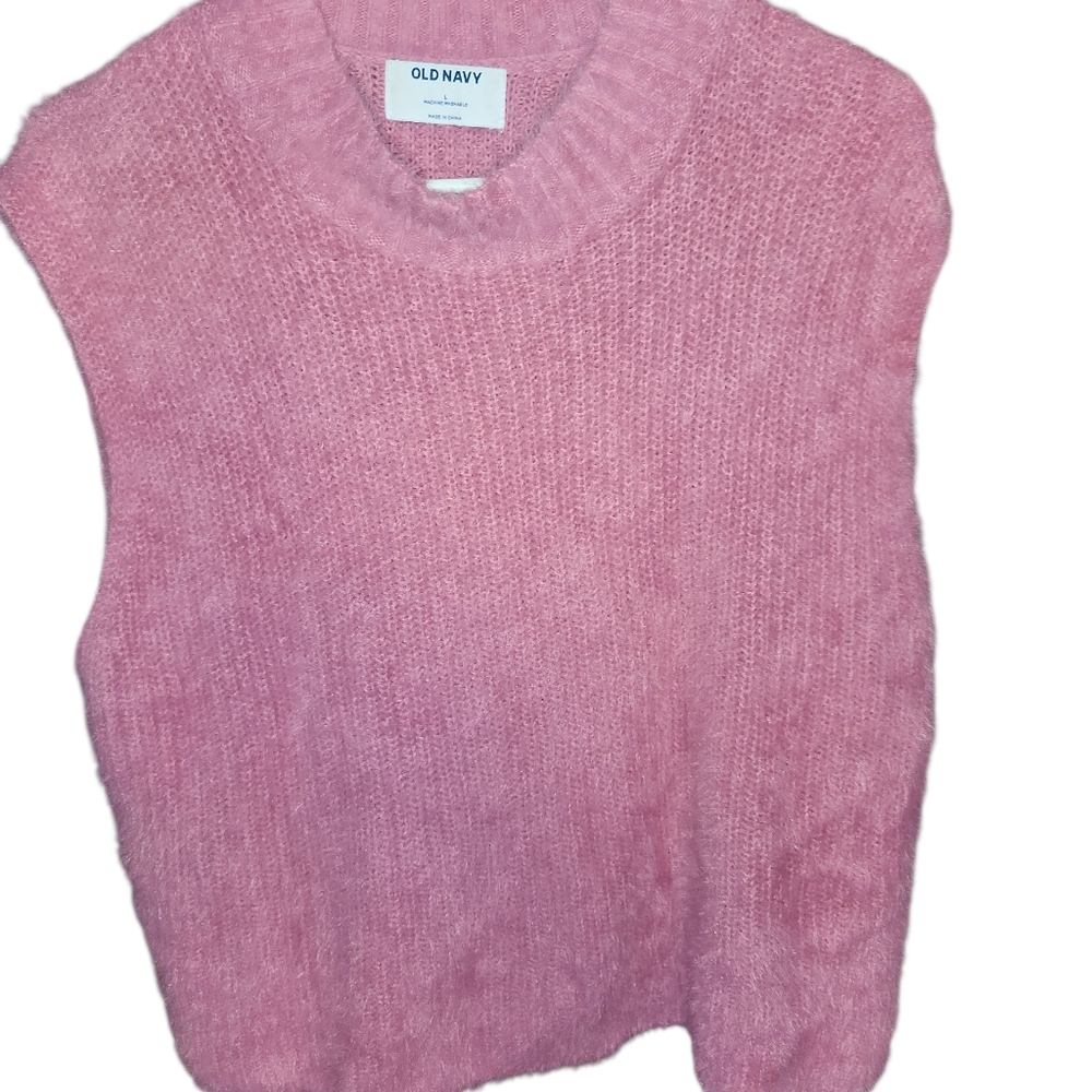 OLD NAVY Eyelash Vest Fuzzy Knit Cotton Blend High Neck Rose Cloud Womens Sz L